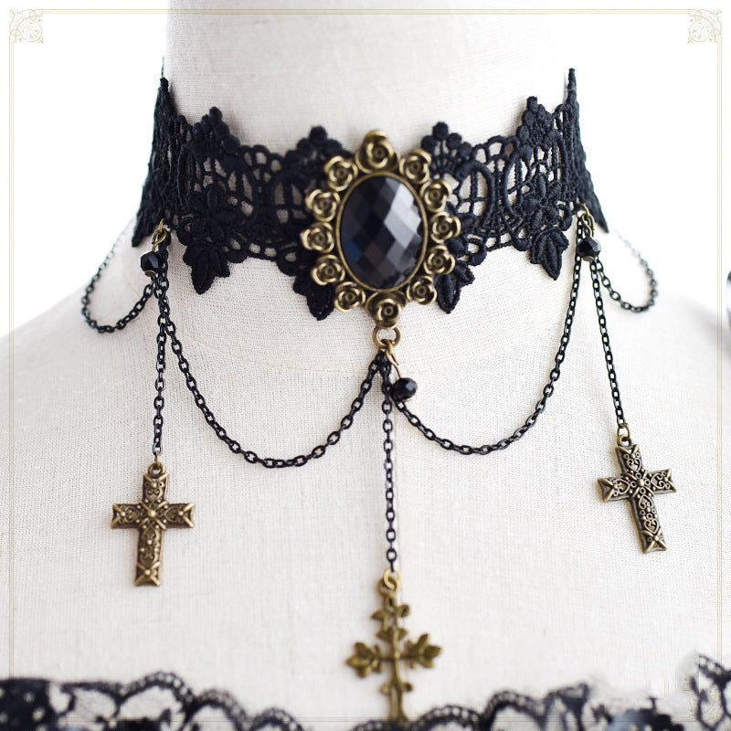 Gothic Dark Lolita Lace Necklace Y2K Harajuku Subculture Black Cross Choker - Lolita Fetch