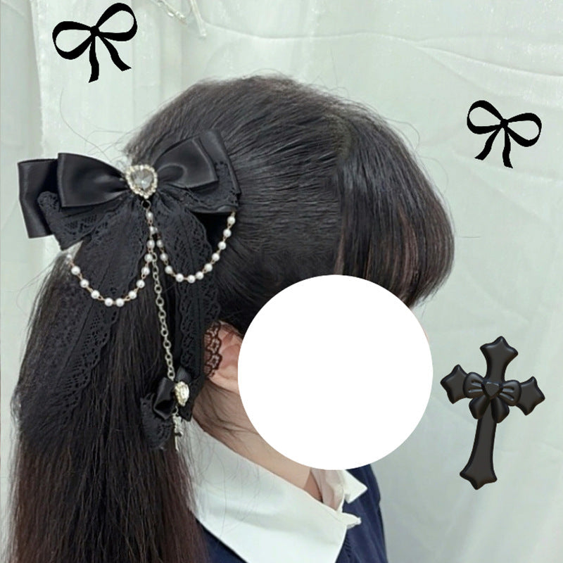 Gothic Fallen Angel Side Clip - Original Lace Bowknot Rhinestone Hair Accessory