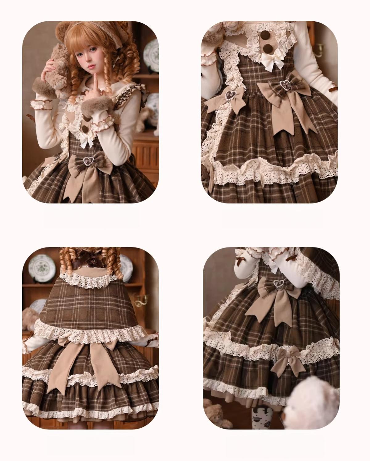 Qianmu - Choco Chestnut - Plaid Kawaii Lolita JSK Dress, Peter Pan Collar Cape
