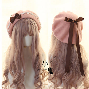 Beret Lolita Sweet Woolen Handmade Lace Bow Beret for Girls