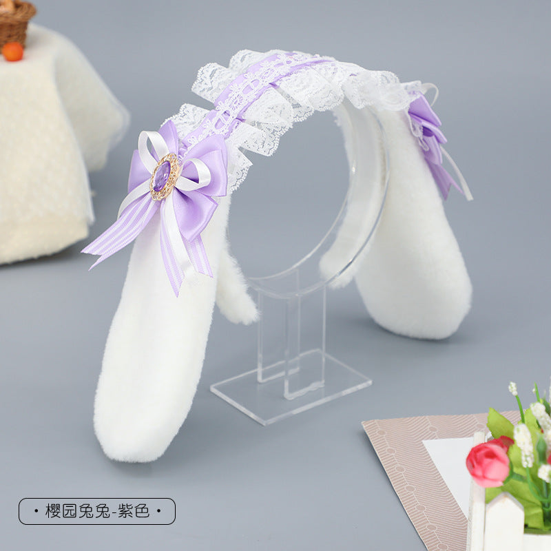 Handmade Plush Hair Accessories Bow Lace Ribbon Hair Ornament Cosplay Party Animal Ears Lolita Bunny Ear Headband - Lolita Fetch