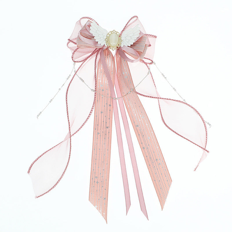Handmade Lolita Gauze Ribbon Hair Clip Pink Lotus Cat's Eye Stone Clip