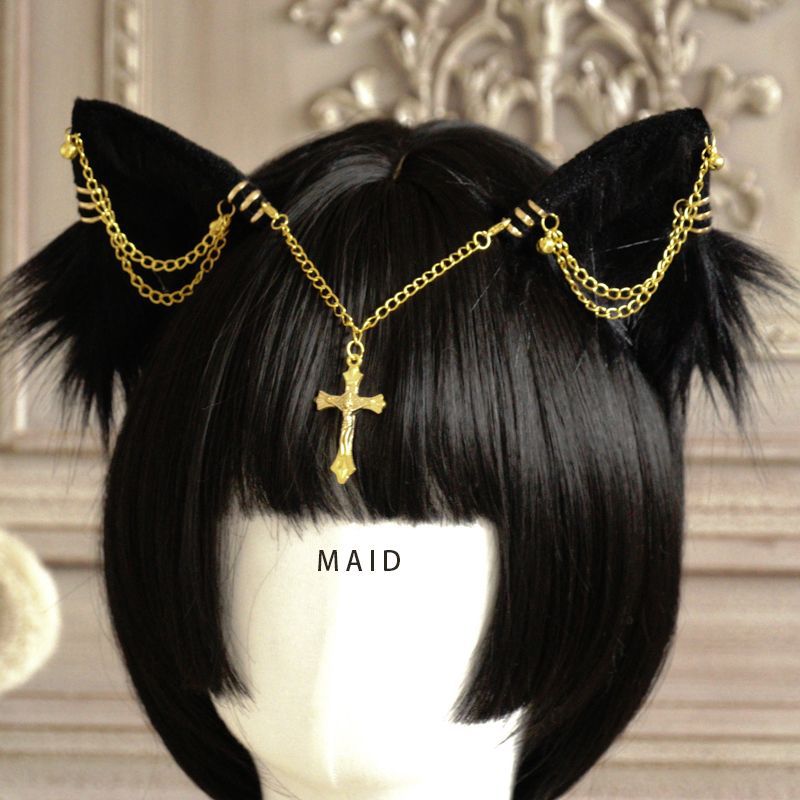 Original Handmade Lolita Chain Black Cat Ear Gothic Style Exotic Beast Ear Hair Clip Cosplay Comic Exhibition