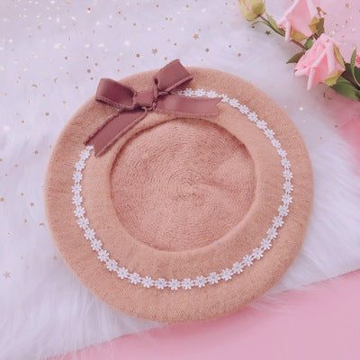 Lolita Pancake Beret - Sweet Cute Woolen Hat with Daisy Bow for Girls