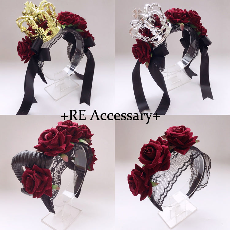 Christmas Gothic Crown Red Rose Headband Lolita Ribbon Hair Accessory Vintage Festival Party Veil Accessory