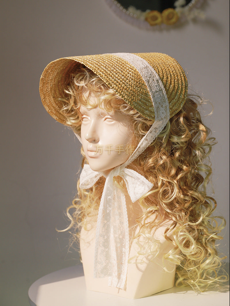 Vintage French Lolita straw flat hat with lace strap, handmade accessories, perfect for vintage-inspired fashion and DIY styling.