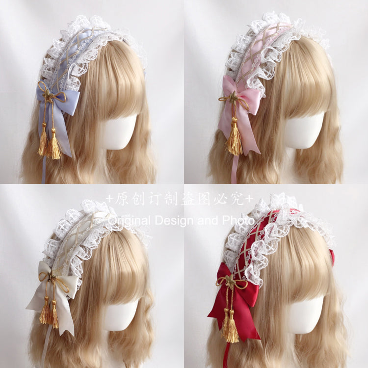 Handmade  Lolita Elegant Hairband Heavy Craft Gold Edge Bow KC Headband