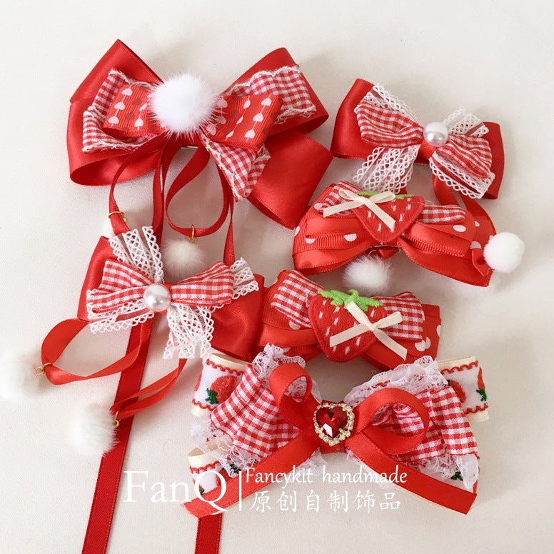 FanQ Handmade Lolita Sweet Little Strawberry Pom-Pom Hair Clip New Year Christmas Red Bowknot Pair Clip KC Hair Accessories