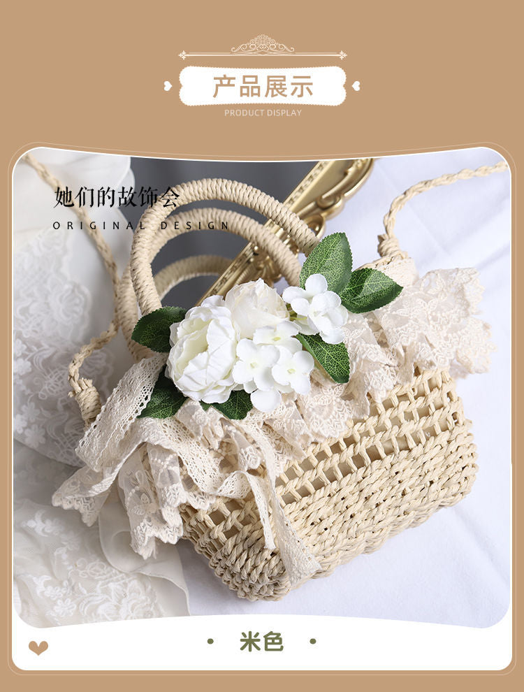 Handbag Paper Straw Woven Original Handmade Lace Flower Lolita Soft Girl Pastoral Style 2022 New Beach Bag - Lolita Fetch