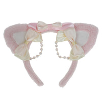 Nezávislá značka - Čelenka s kočičíma ušima, mašlí a perlami - Vlasový doplněk - Pearl Cat Headband-Black Pink