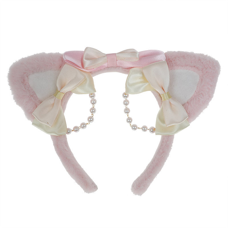 Handmade Lolita Pearl Cat Ear Headband - Bowknot Pearl Hair Accessory