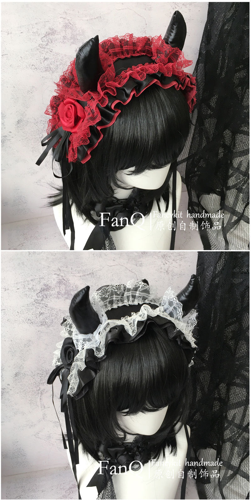 Subculture Custom Dark Lolita Demon Horn Gothic Headband Y2K Red and Black Lace Hairband - Lolita Fetch
