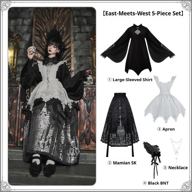 With PUJI - Raven's Night Song - Oriental Aesthetics Gothic Lolita Dress Set East-Meets-West 5-Piece Set S
