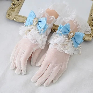 Xiaogui - Vintage Lolita Gloves Lace Bow Bead - Chain Sunscreen Gloves Hand Accessory