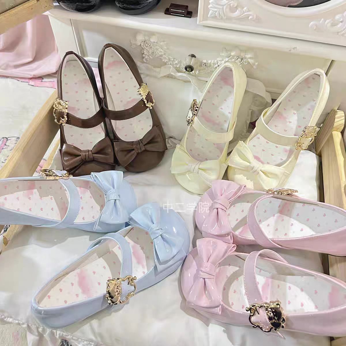 Meow Roundy Lolita Shoes - Mid Low Heel Bow Flats - Round-toe Mary