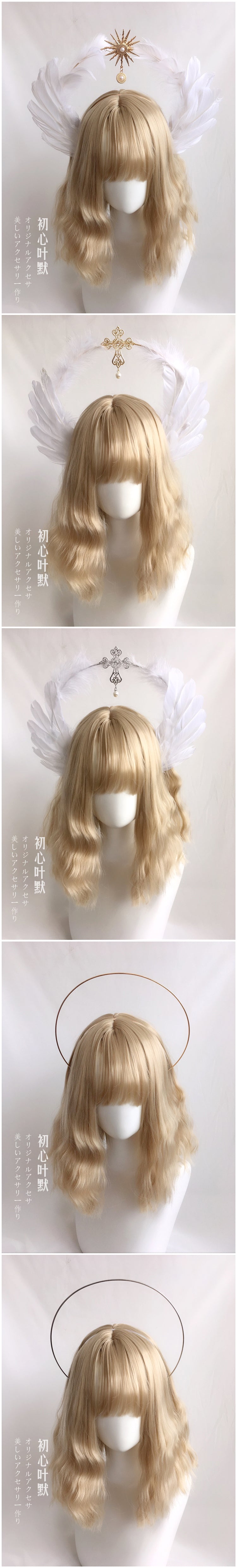 Lolita Virgin Mary Halo Headband Wheat Cross Feather Church Pope Gold Hair Accessory Catwalk Photo Prop - Lolita Fetch