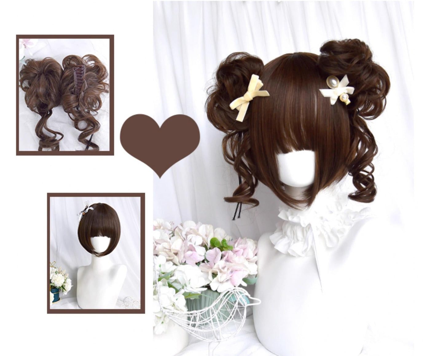Sinwavy - Kawaii Lolita Brown Wig Cute Bun - Ponytail Doll-like Wig Wig