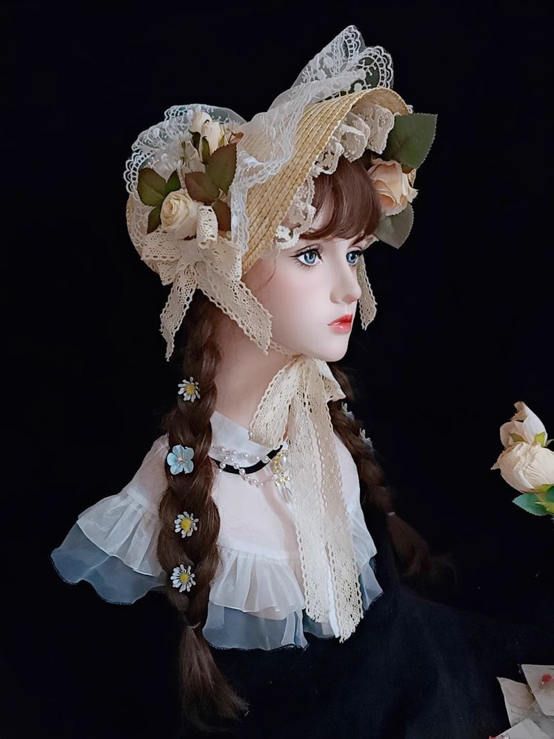 Original Straw Hat Flat Hat Lolita Handmade Gorgeous Elegant Tea Party Pastoral French Style Photo Bonnet Bntbb Hat