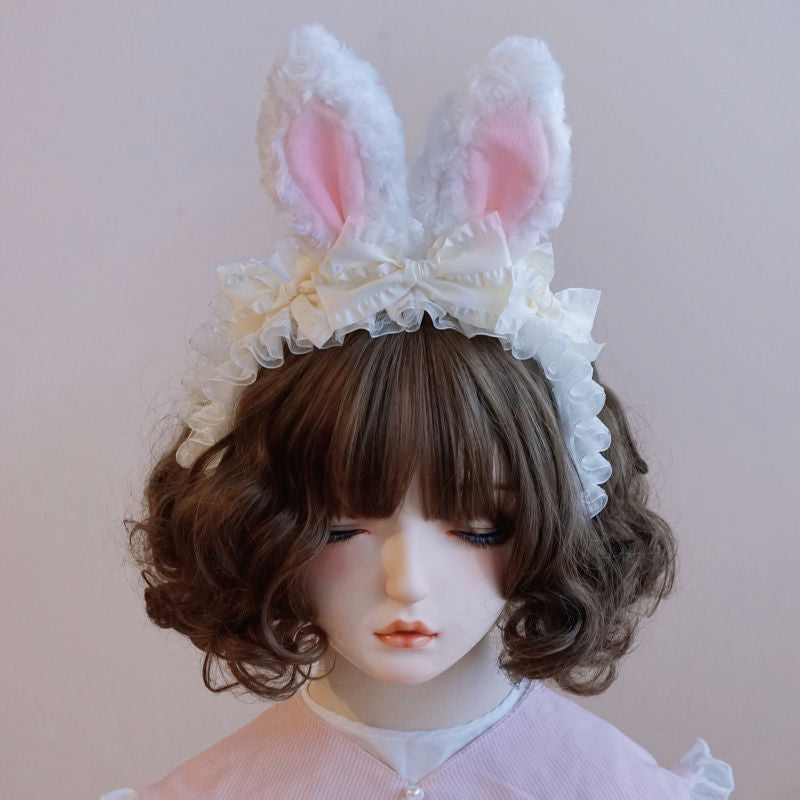 Original Handmade Plush Bunny Ear Headband Lolita Japanese Korean Style Bowknot Ruffle