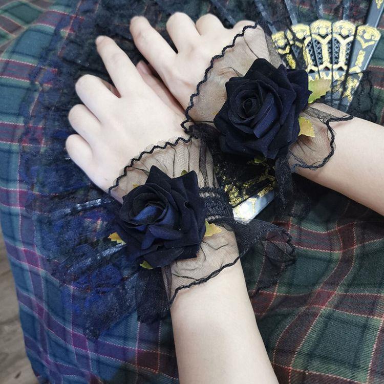 Dark Lolita Lace Wrist Cuffs for Women, Burgundy Rose Dress Cuffs with Wrist Flowers