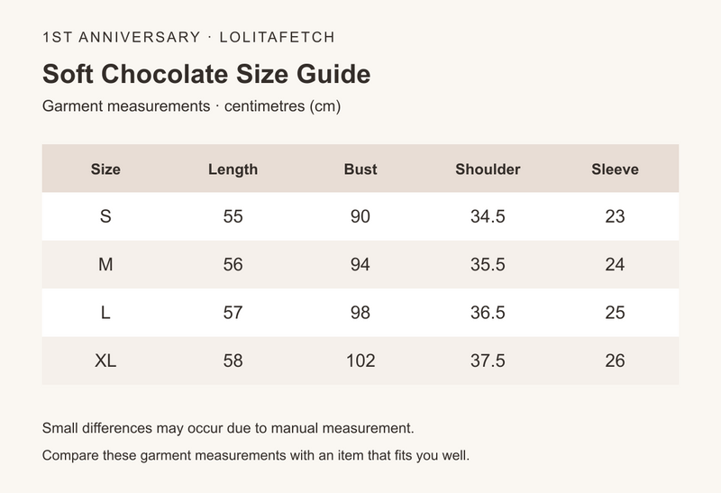 Soft Chocolate Peter Pan Collar Lolita Blouse size chart in centimetres