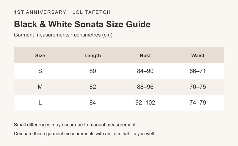 Black & White Sonata Piano Print Lolita JSK Dress size chart in centimetres