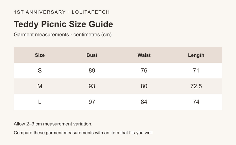 Teddy Picnic Bear Print Sweet Lolita JSK Dress size chart in centimetres