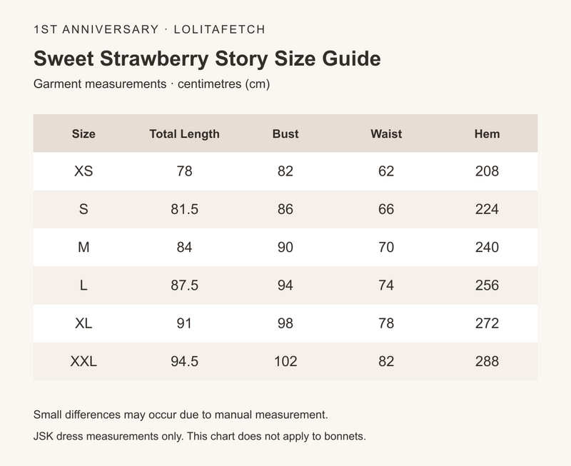 Sweet Strawberry Story Lolita JSK Dress & Bonnet size chart in centimetres