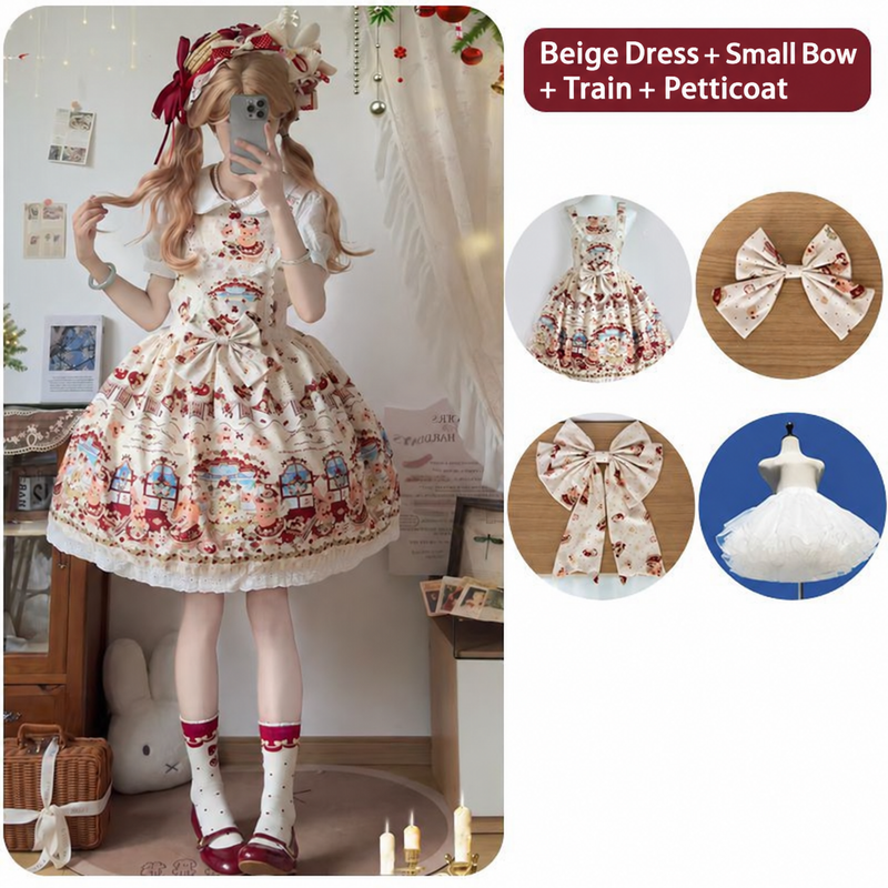 Christmas Chapter Beige dress with small bow, train and petticoat