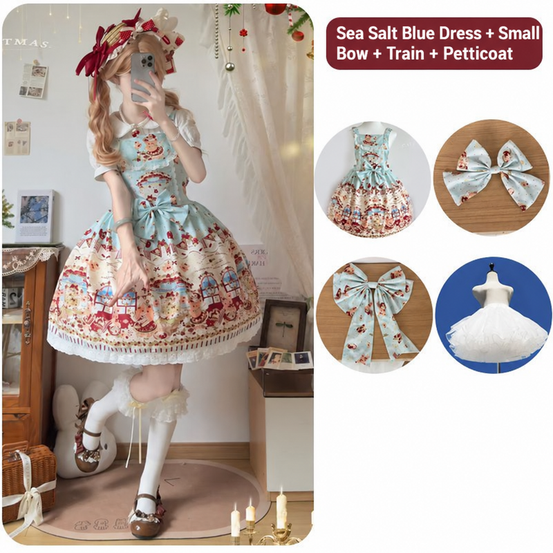 Christmas Chapter Sea Salt Blue dress with small bow, train and petticoat