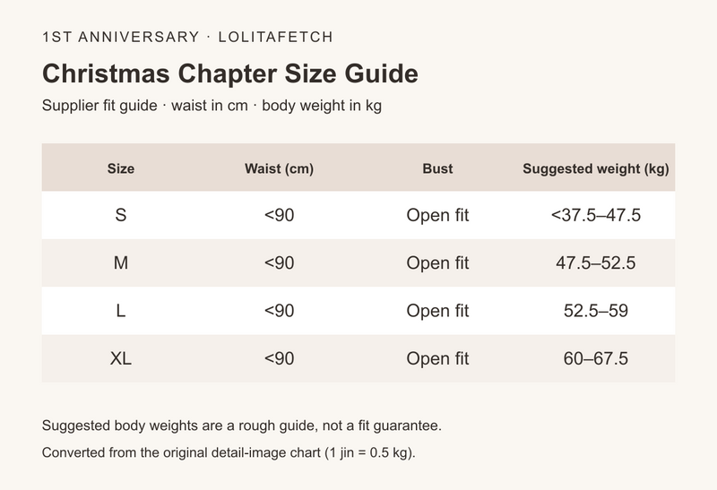 Christmas Chapter size and fit guide translated from the supplier detail image, with body weights in kilograms