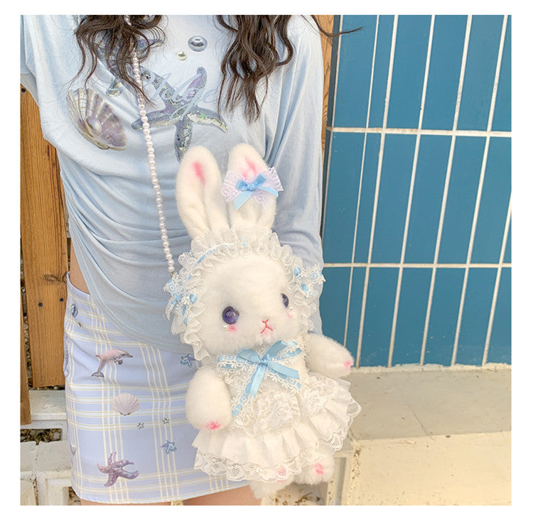 Lop-Eared Bunny Lolita Pearl Chain Doll Bag – 2025 Cute Bow Plush Shoulder Bag