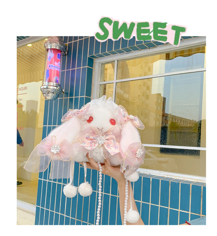 Lop-Eared Bunny Lolita Pearl Chain Doll Bag – 2025 Cute Bow Plush Shoulder Bag