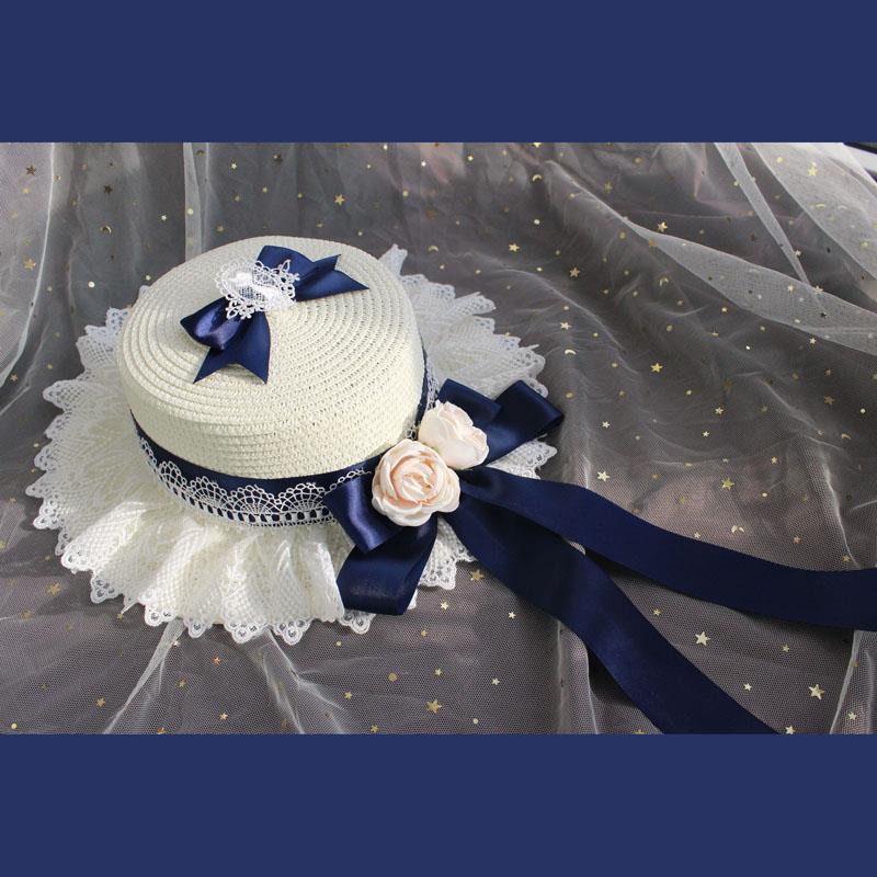 Lolita Straw Hat Mori Style Sweet Bowknot French Girl Flower Sun Hat Lolita Flat Top Hat Straw Hat - Lolita Fetch