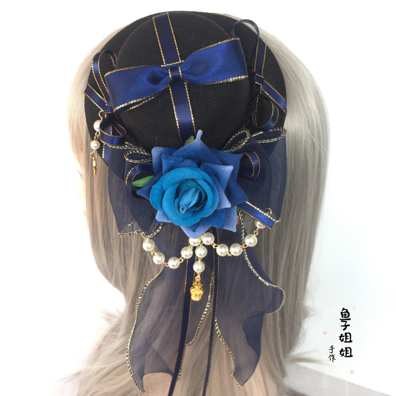 Lolita Hat Small Item Handmade Gothic Versatile Lolita Cyan Burgundy Flower Pill Crown Headwear