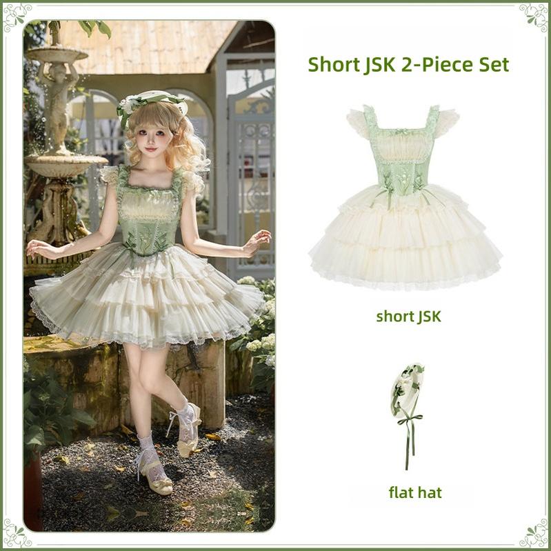 Lily of the Valley Whisper - Embroidered Classic Lolita Corset JSK Dress Short JSK 2-Piece Set (short JSK + flat hat) S