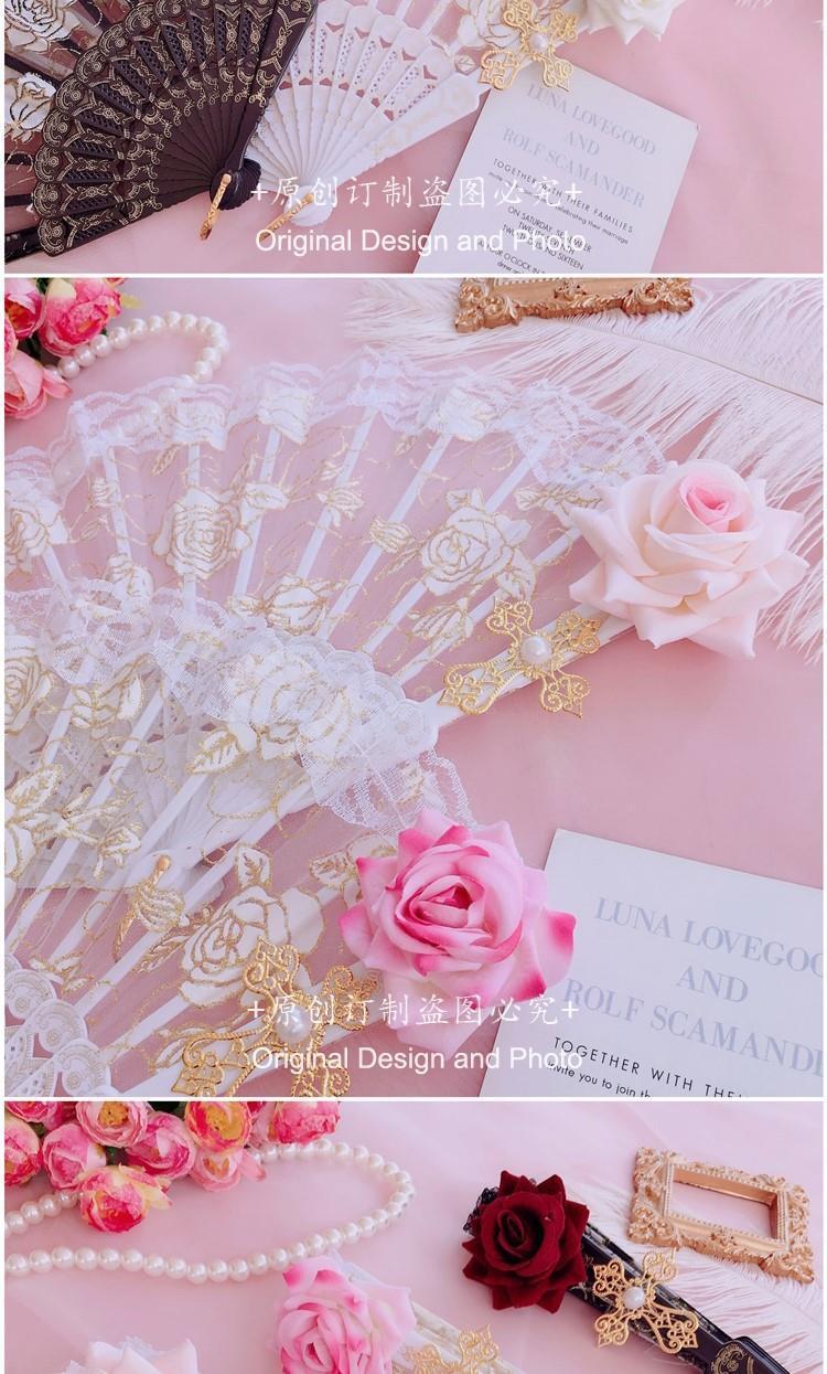 Lolita Lace Fan Gorgeous Retro European Style Rose Folding Fan Tea Party Dark Gothic Comic Con Cosplay Prop - Lolita Fetch