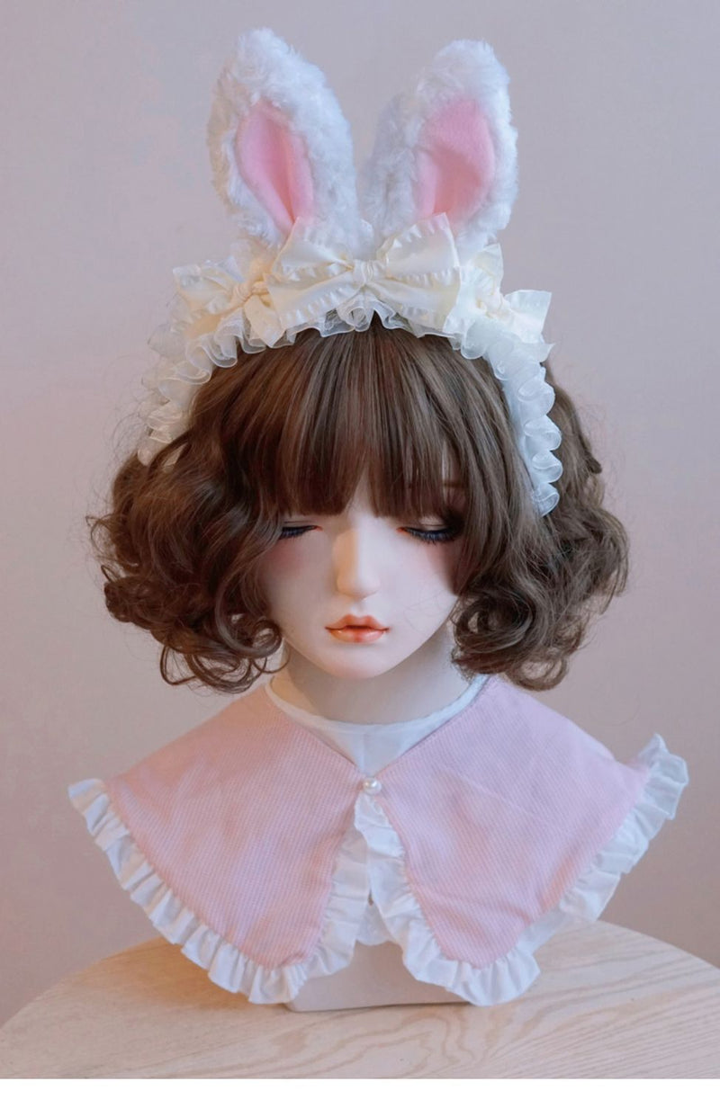 Original Handmade Plush Bunny Ear Headband Lolita Japanese Korean Style Bowknot Ruffle