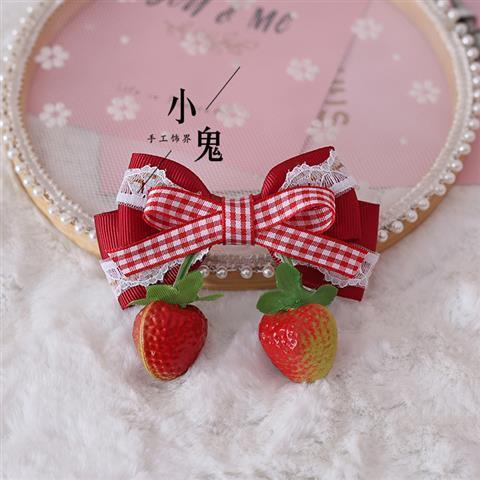 Strawberry Sweet Lolita Plaid Bow Hair Clip Hair Accessory Mori Style Strawberry Side Clip Japanese Soft Girl Cute Girl