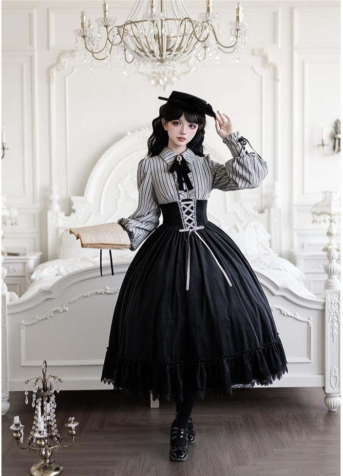 With PUJI - Dusk Moment - Classic Lolita Striped OP & Mermaid Dress Set, Fishbone Waist