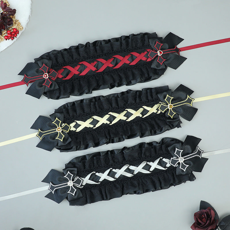 Dark Gothic Lolita Cross Lace Bow Hairband - Comic Con Cos Party Girl Headwear - Lolita Fetch