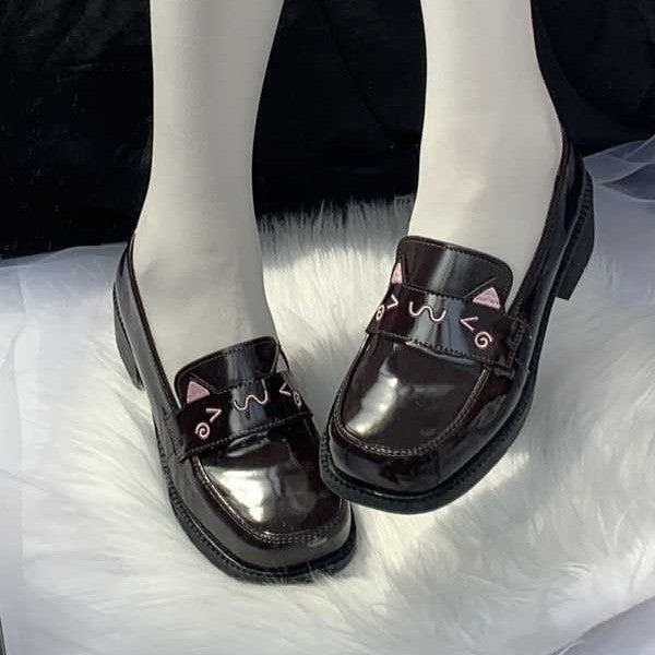 "Treasure Meow" Authentic JK Uniform Shoes | Round/Square-Toe Mid-Heel Academy-Style Leather Flats