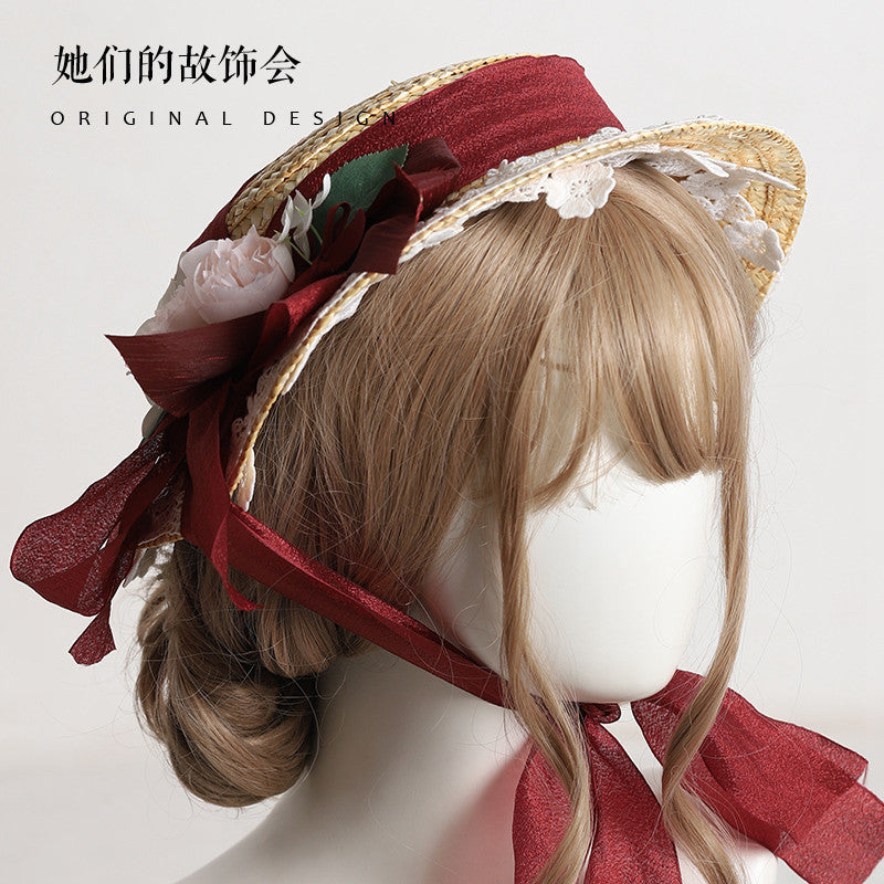 Lolita Flower Straw Hat for Women Summer Flat Hat Lolita Sun Protection Shade Han Yang Eclectic Mori Style Hat for Women