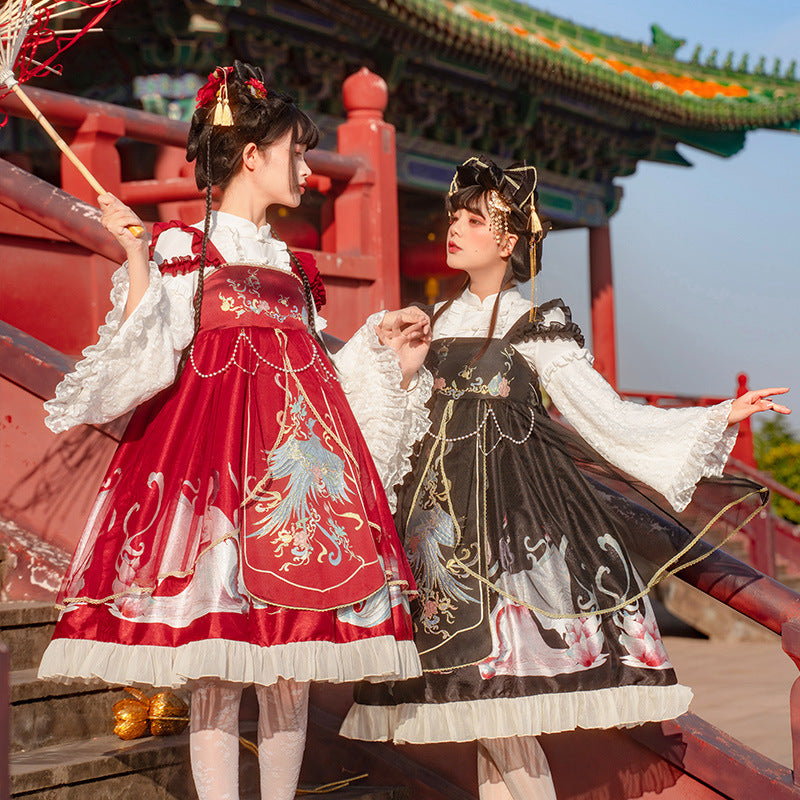Morning Dew Hanfu - Inspired Lolita JSK | Gold - Woven Phoenix & Detachable Bead Chain