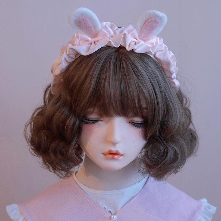 Original Handmade Rabbit Ear Ruffled Pink Headband Lolita KC Rabbit Ear Headband