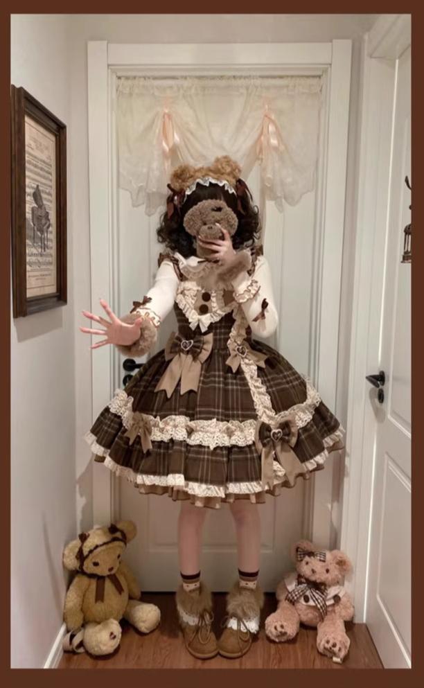 Qianmu - Choco Chestnut - Plaid Kawaii Lolita JSK Dress, Peter Pan Collar Cape