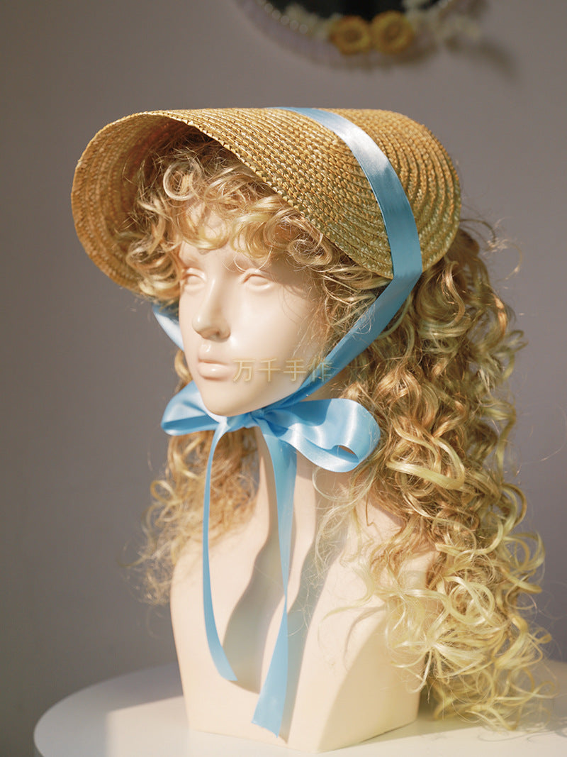 Vintage French Lolita straw flat hat with lace strap, handmade accessory from LolitaFetch, perfect for vintage-inspired fashion.