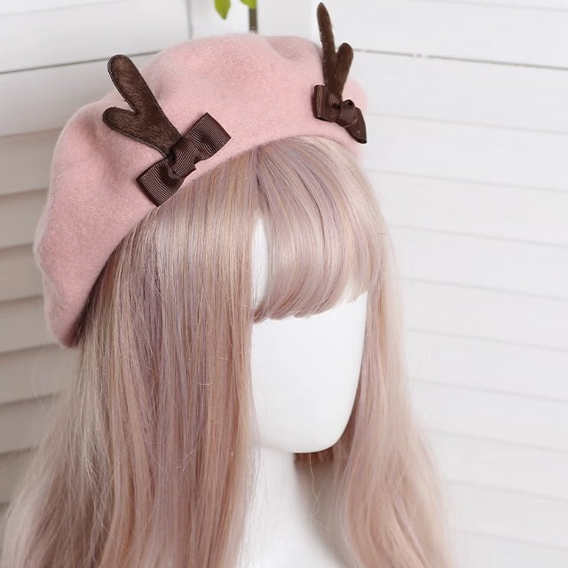 Xiaogui - Kawaii Lolita Deer Horn Beret - Christmas Multicolors Headwear