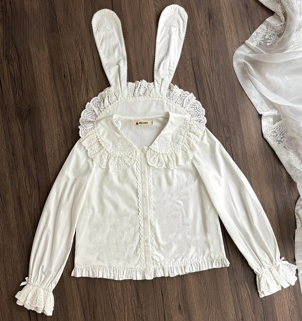 Miss Point - Plaid Petal Bunny - Kawaii Lolita Cotton Shirt, Bunny Ear