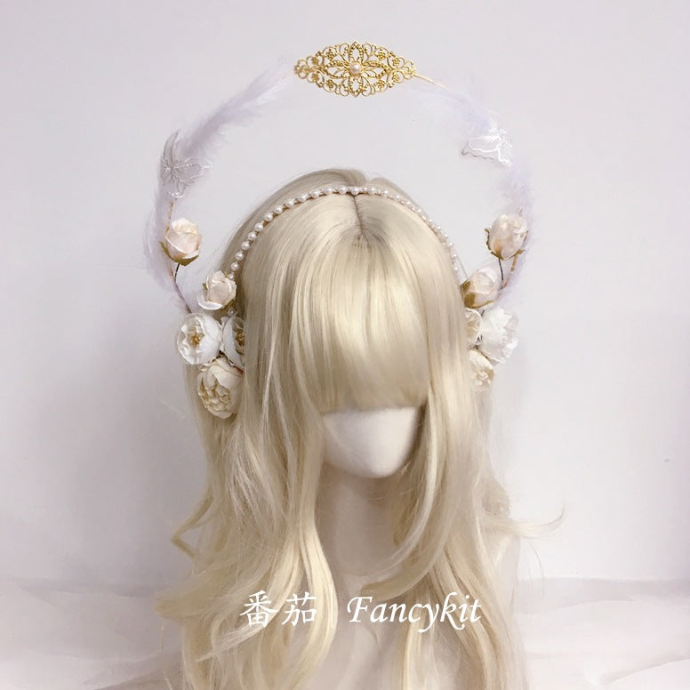 Flower Lolita Virgin Mary Double Layer Halo Hair Crown Hanfu Headwear Feather Hairband Classical Headpiece Han-Yang Eclectic